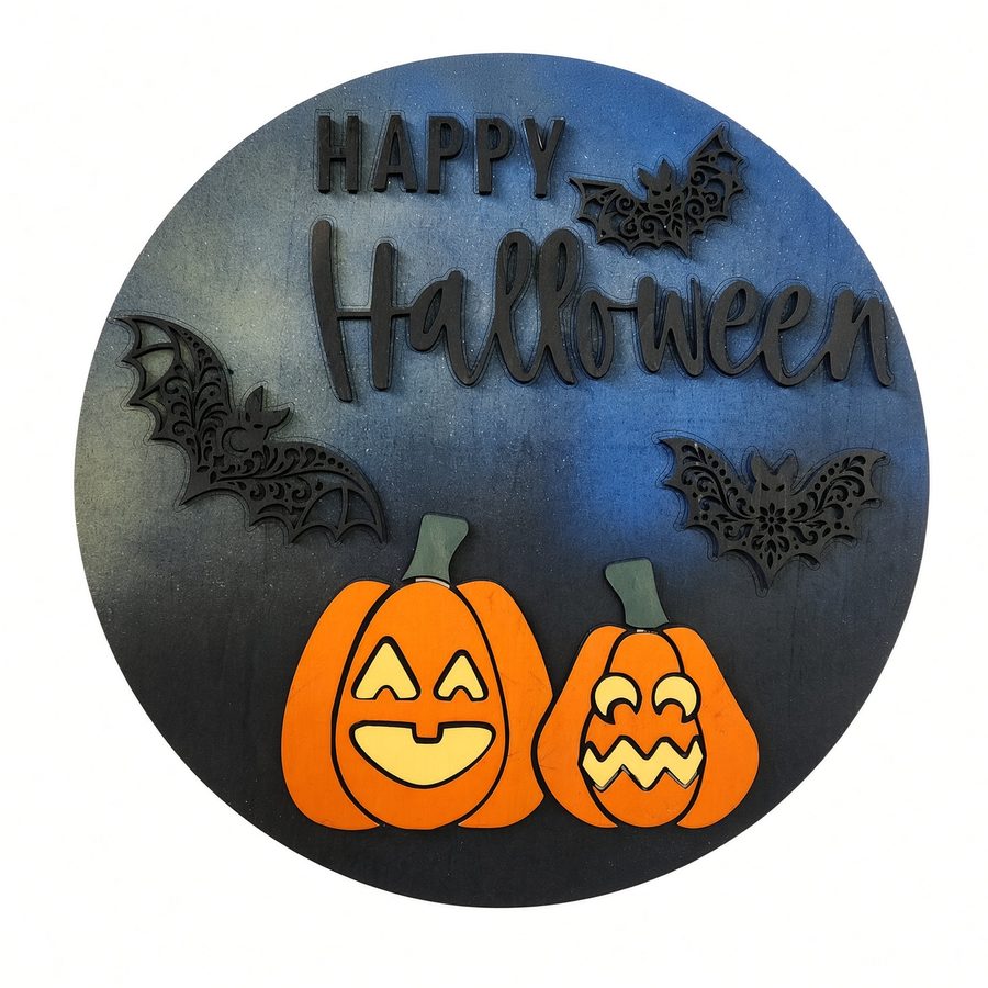 Happy Halloween wooden door hanger with three bats