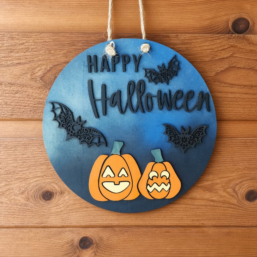 Three bats door hanger hanging on a twine cord