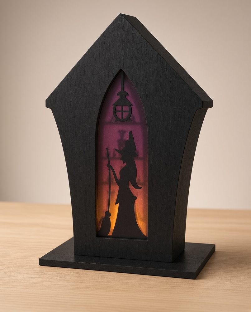 Purple witch lantern glowing with a tea light