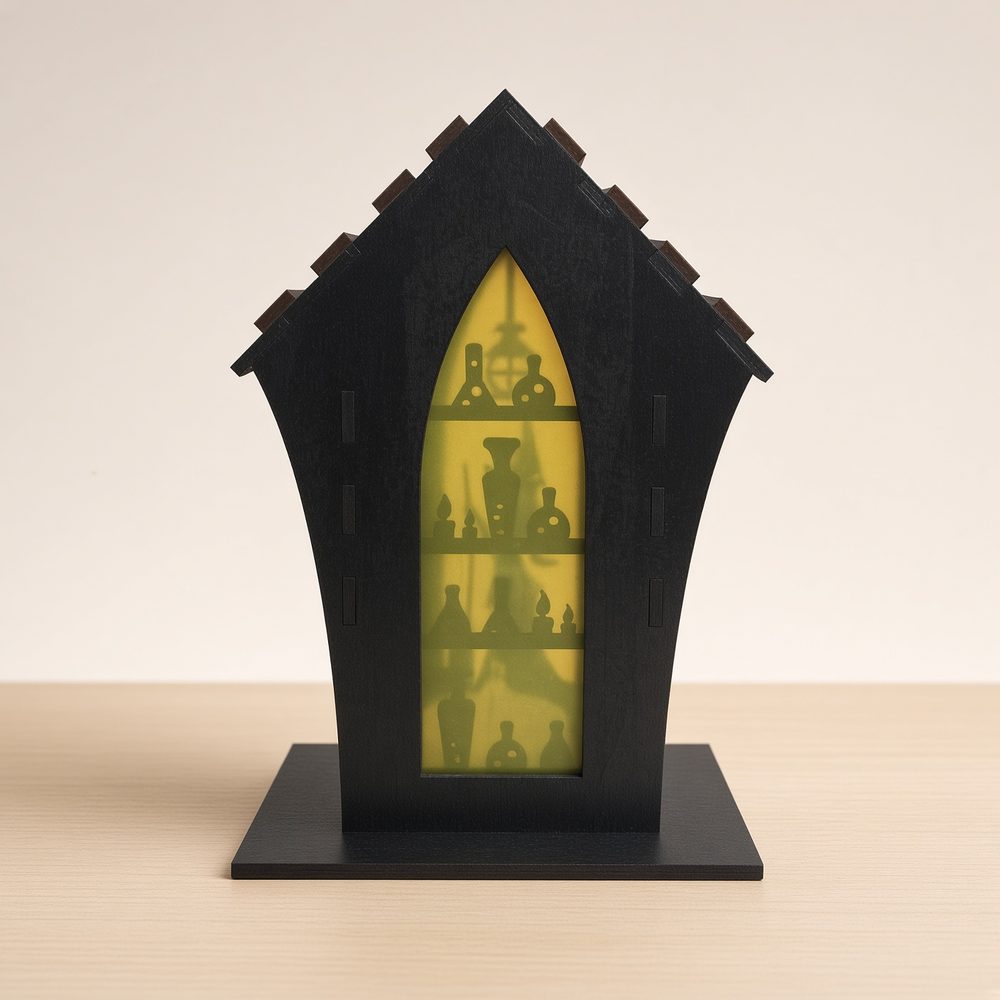 Yellow witch tea light lantern, front